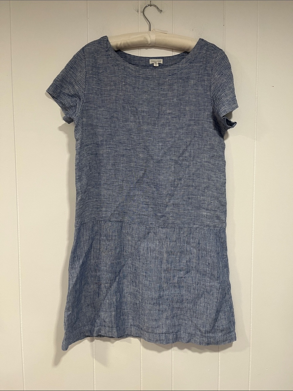 Garnet Hill 100% Linen Microstripe Drop Waist Shift Dress Blue White M - Picture 2 of 10
